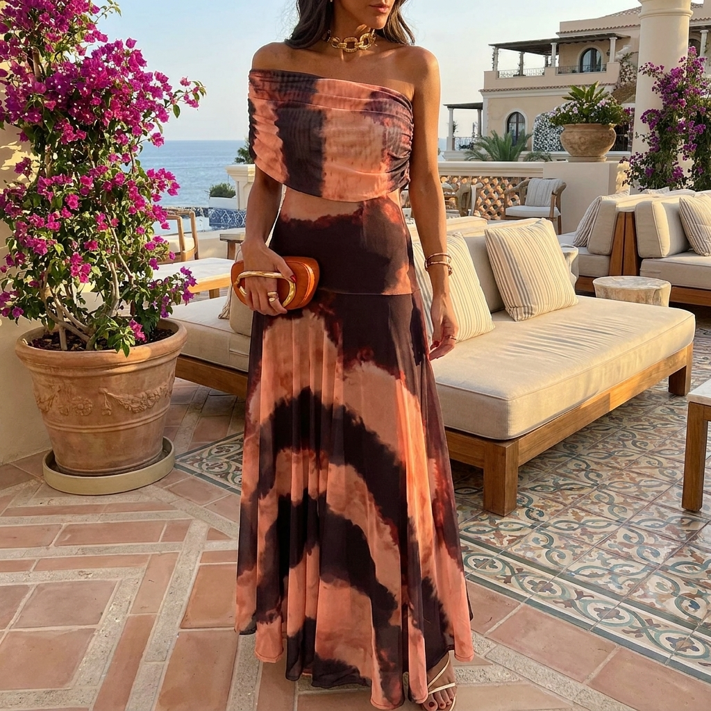 Conjunto Tie-Dye Sunset - Top Off-Shoulder y Falda Maxi