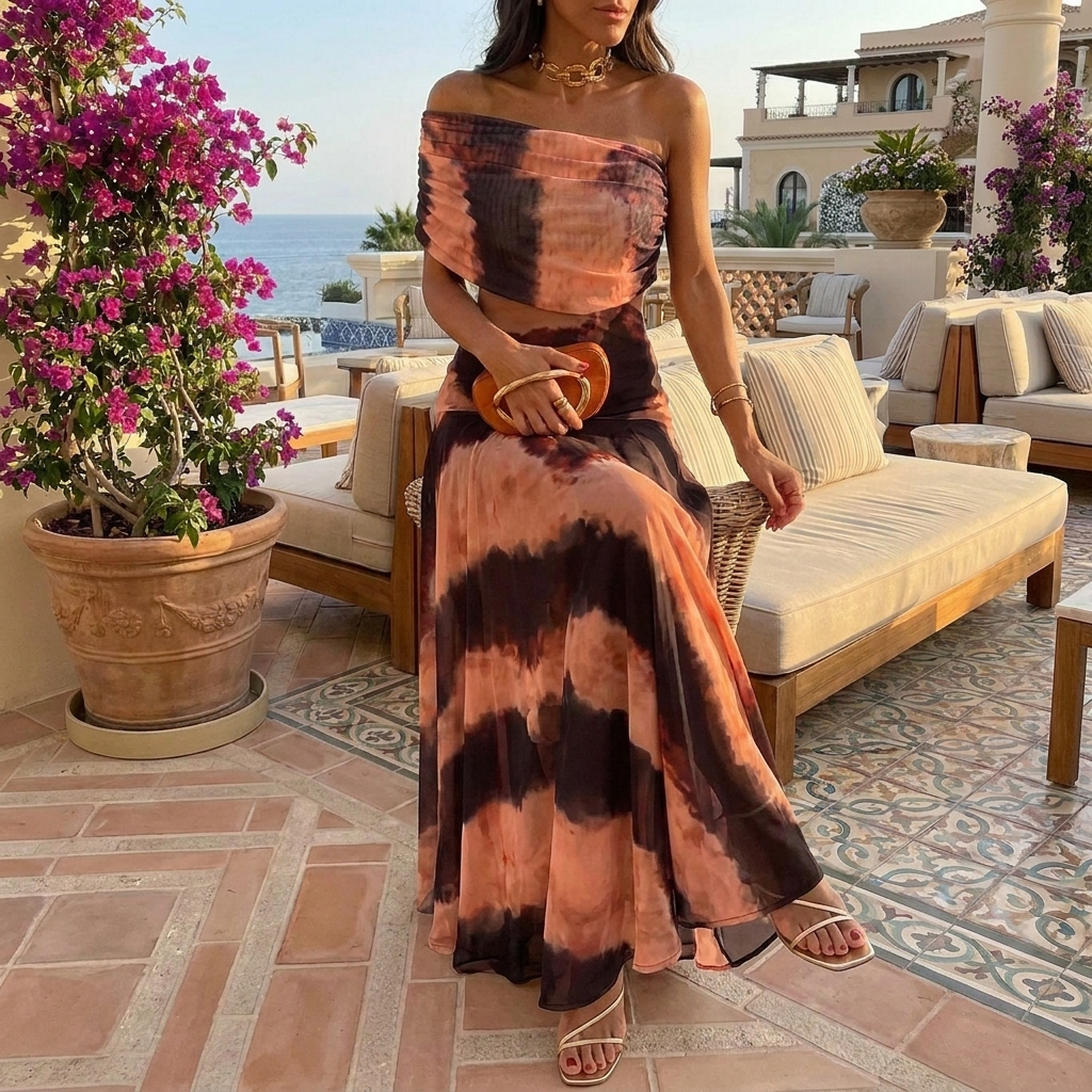 Conjunto Tie-Dye Sunset - Top Off-Shoulder y Falda Maxi